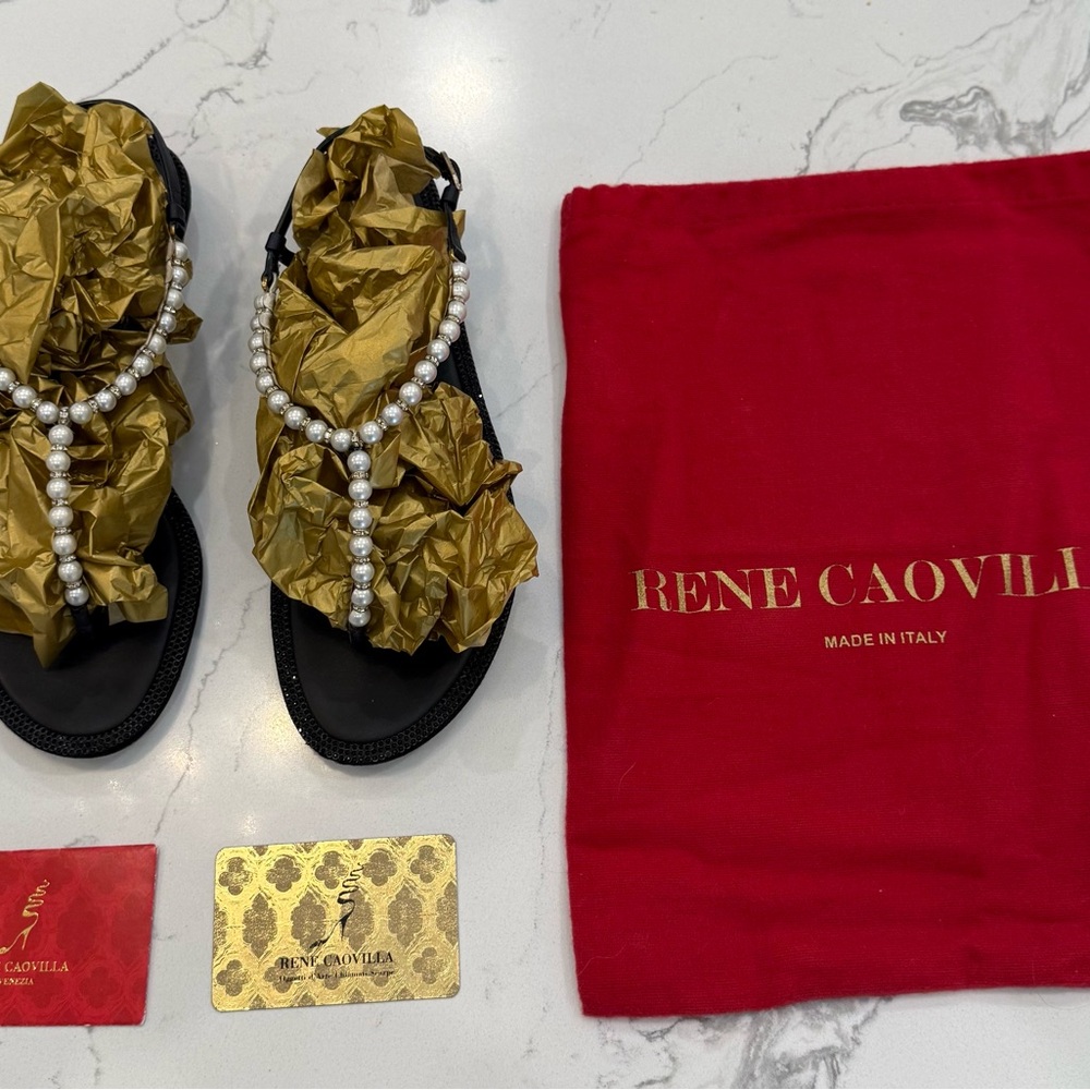 Rene Caovilla Black Sandals with Pearl Details